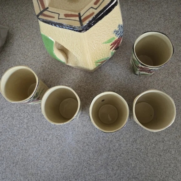 MAJOLICA | Vintage Handpainted Floral Ceramic Pitcher and Cups - Complete Set - Picture 2 of 5